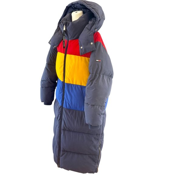 Tommy Jeans Colorblock Long Puffer Coat Red Yellow Blue Navy Size M - Picture 1 of 13